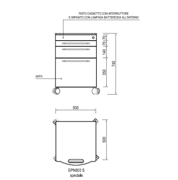 Mobile Top 200: Modulo montato su ruote con 6 cassetti e lampada battericida - Zanni Podospecial